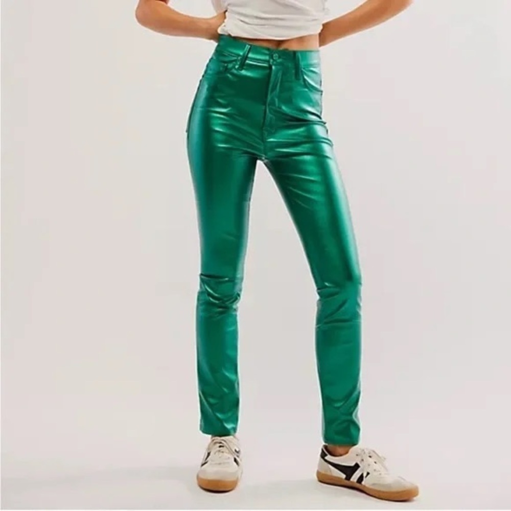 MOTHER High Waisted Rail Skimp June Bug 28 New Green Metallic Women's Pants
